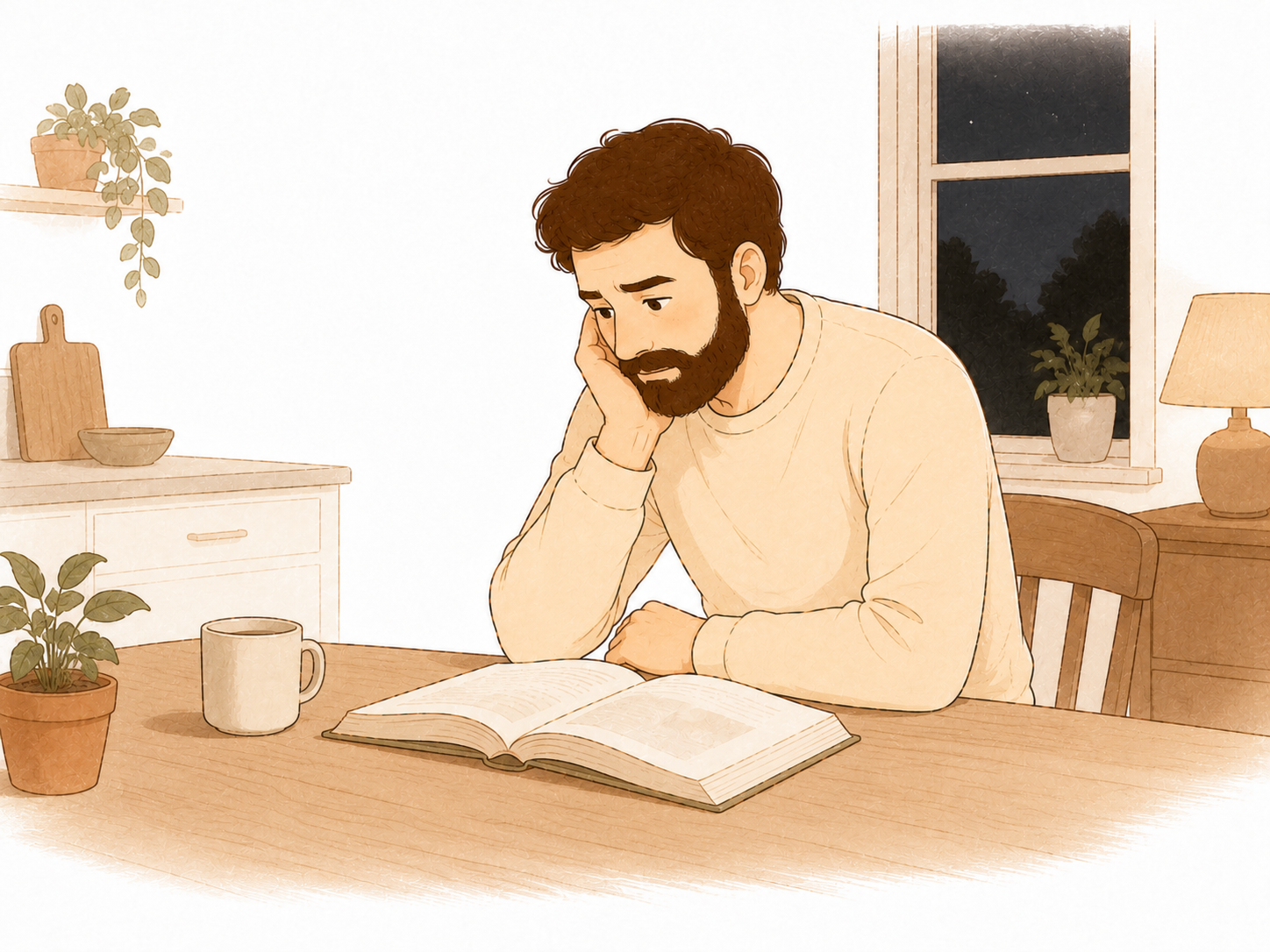 Dad alone at the kitchen table late at night, a parenting book open in front of him, tired and unsure if what he read will hold tomorrow
