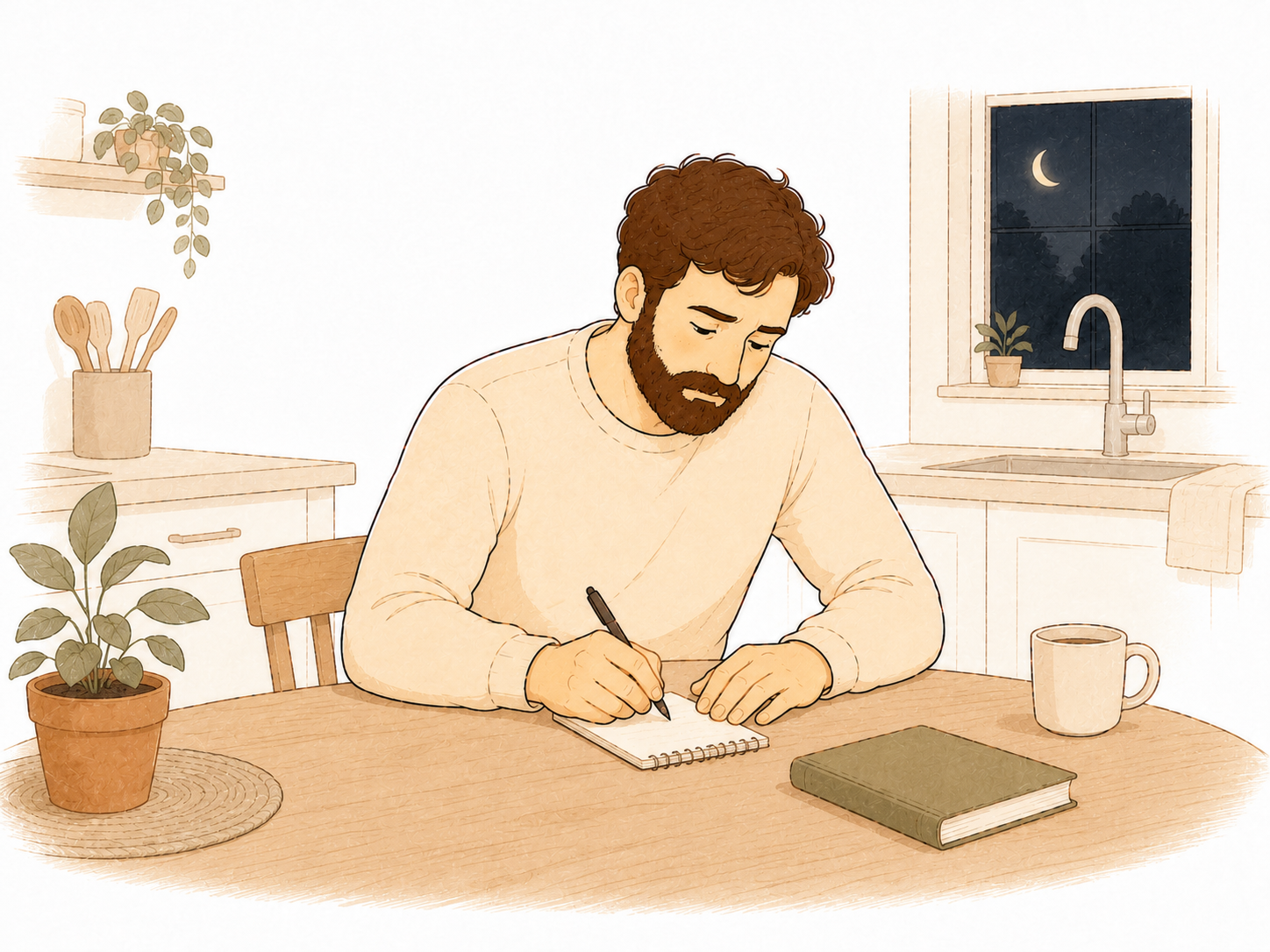The same dad writing one sentence in a small notebook, the book closed beside him, the preparation happening before he needs it