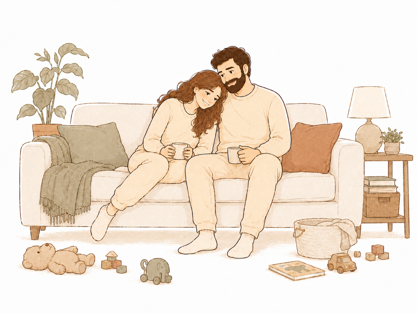 Hila and Amir on the couch after bedtime, mugs in hand, kids' toys on the floor