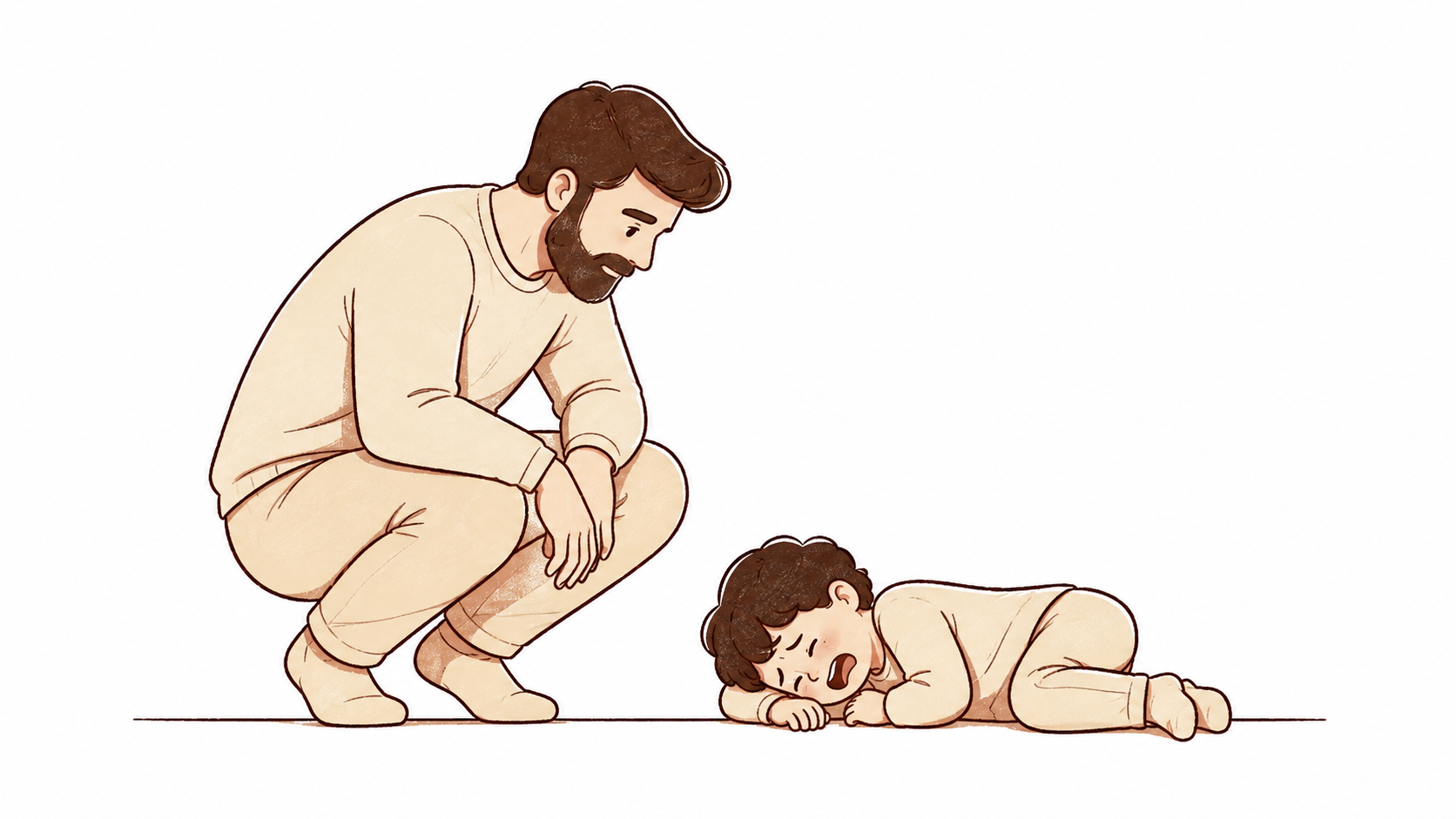 A parent crouching low beside a child mid-meltdown, body still, just present