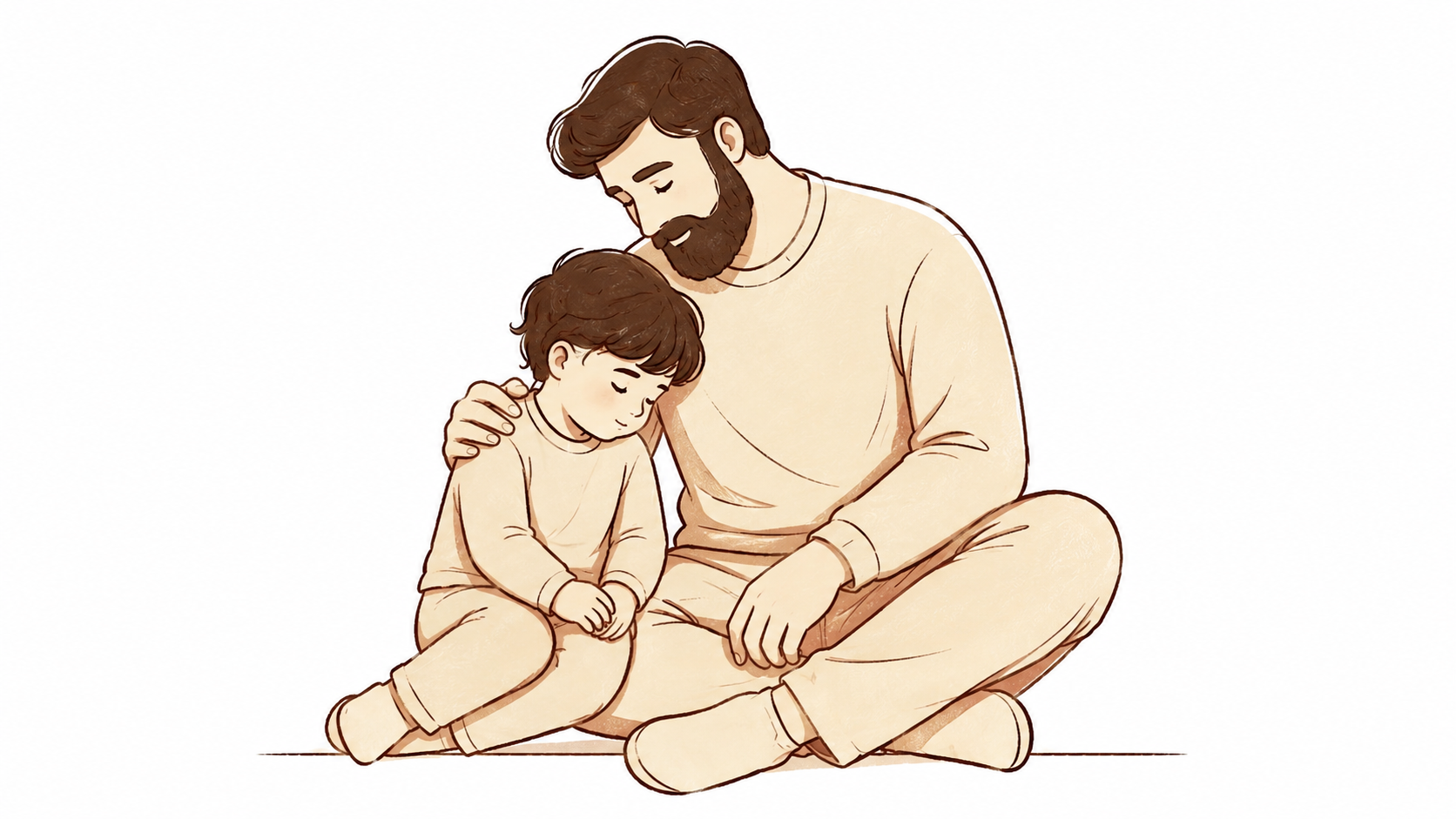 The same parent and son after the peak — the child leaning against the parent's side, the storm passed