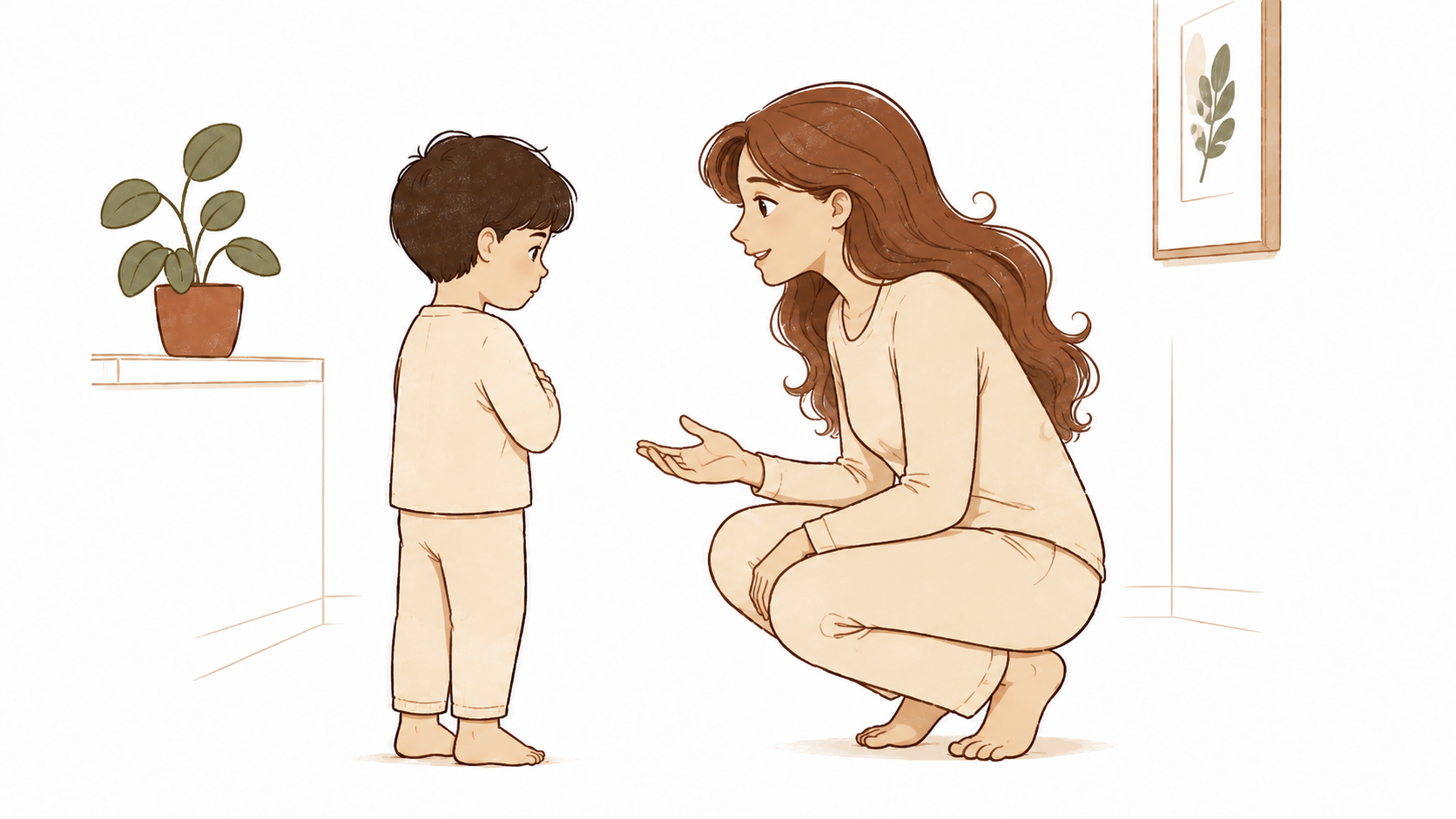 Dad crouched at eye level, face-to-face with his son — one sentence spoken, the son starting to turn back, posture still guarded but softening