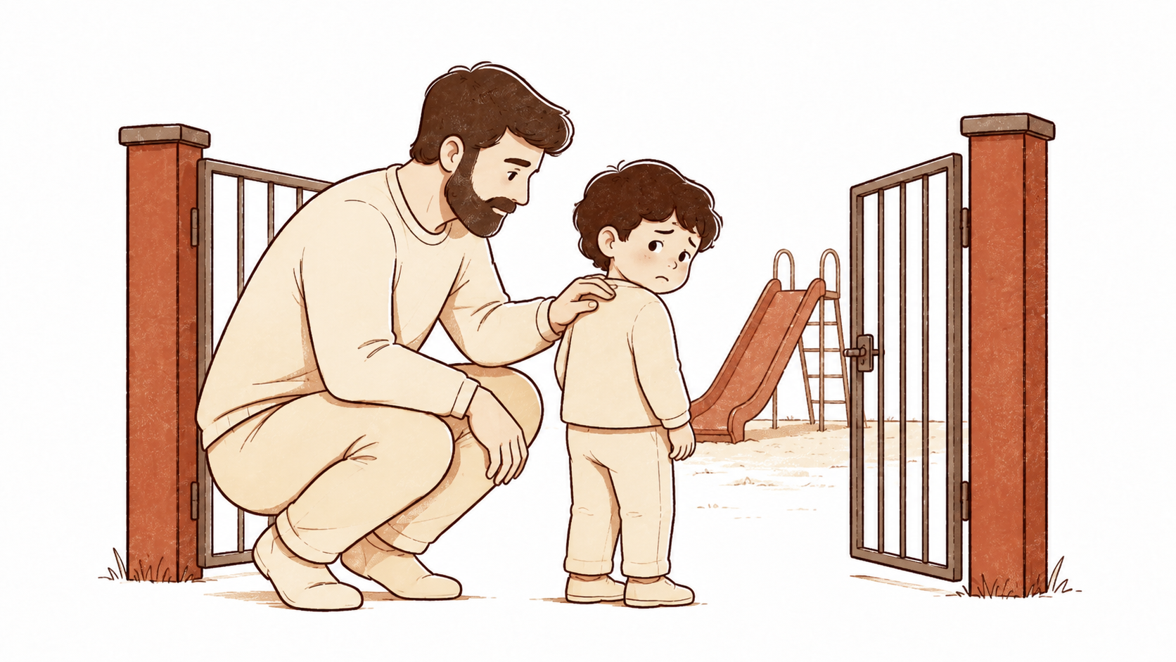 Dad crouched beside his son at the park gate — the son's feet planted, looking back at the slide, not ready to leave