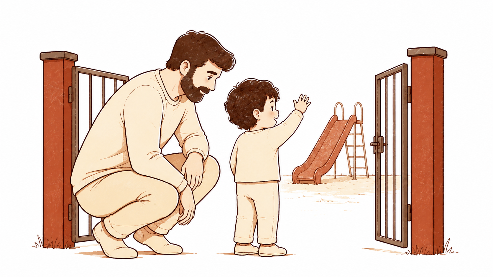 The same son now facing the gate, waving goodbye to the slide — dad beside him, both about to walk through together
