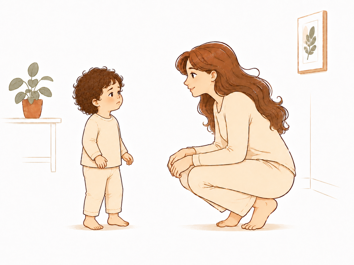 Mom crouched to her daughter's eye level, making contact before the limit — the opening move