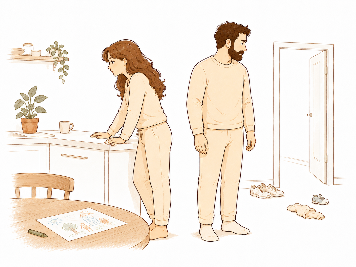 Mom and dad together in the kitchen at the end of a hard day, pausing before going back into the room where something is still loud