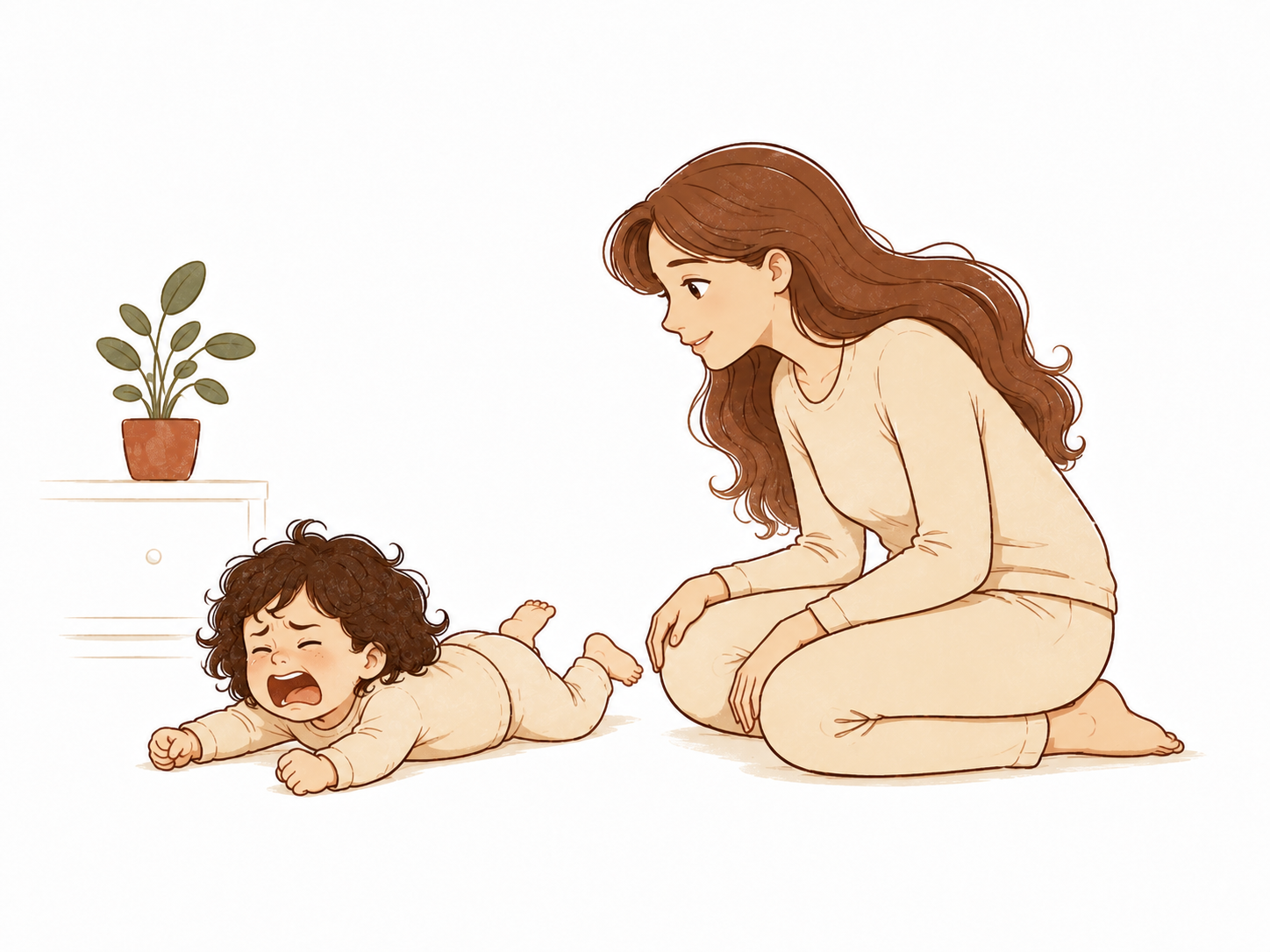 Mom low on the floor beside her flooded daughter, quiet, holding the space — all presence, no words