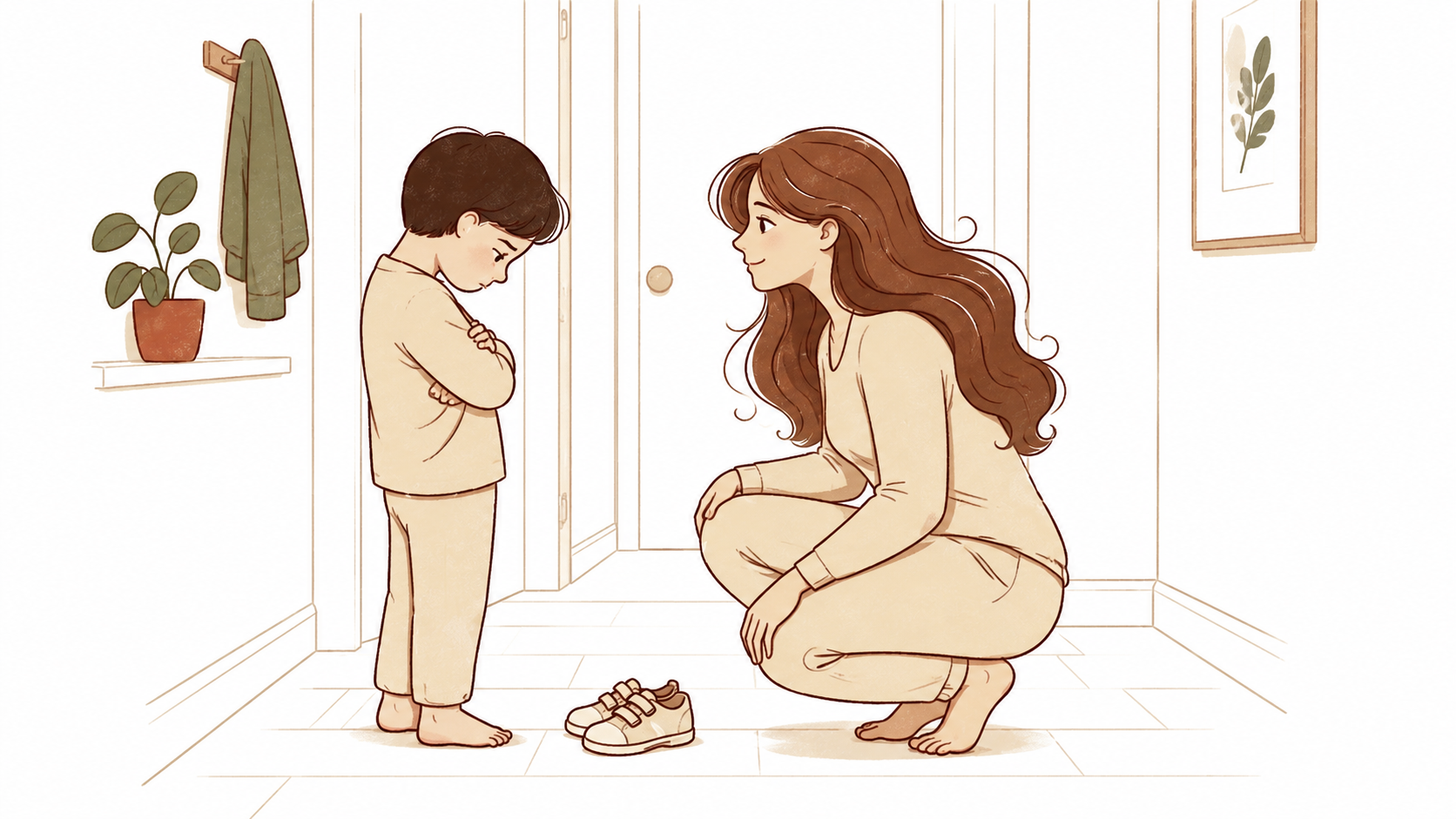 Dad crouched low beside his son in the hallway — shoes on the floor, son's arms crossed, the one ask delivered close and calm
