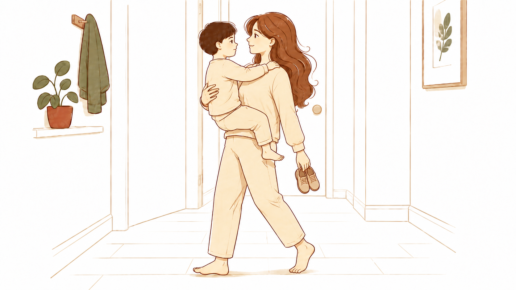 Dad carrying his son toward the door, calm and matter-of-fact — the carry option honored without heat